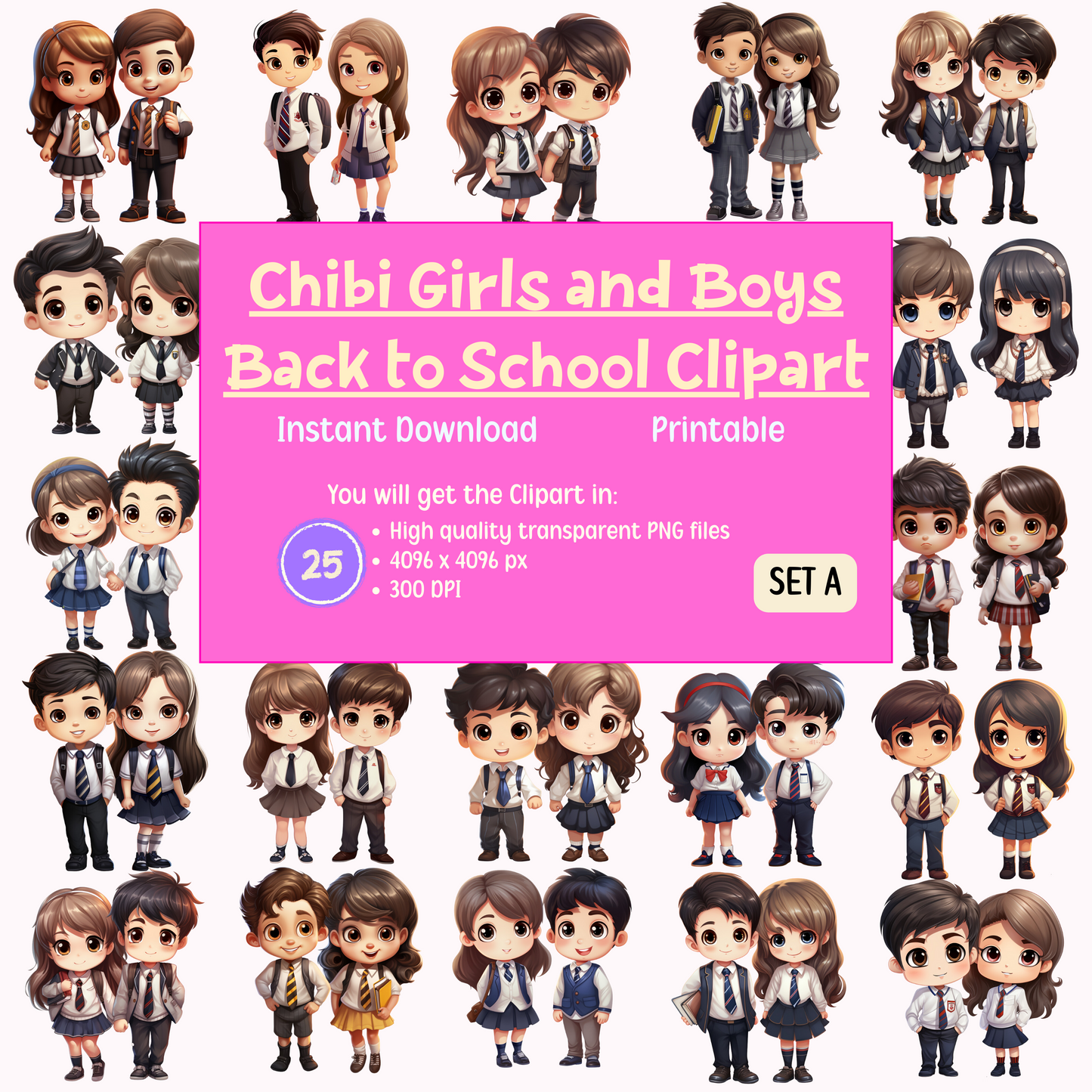 Chibi Girls and Boys Back to School Clipart - Set A