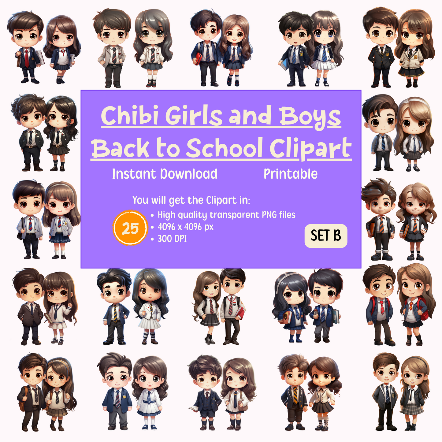 Chibi Girls and Boys Back to School Clipart - Set B