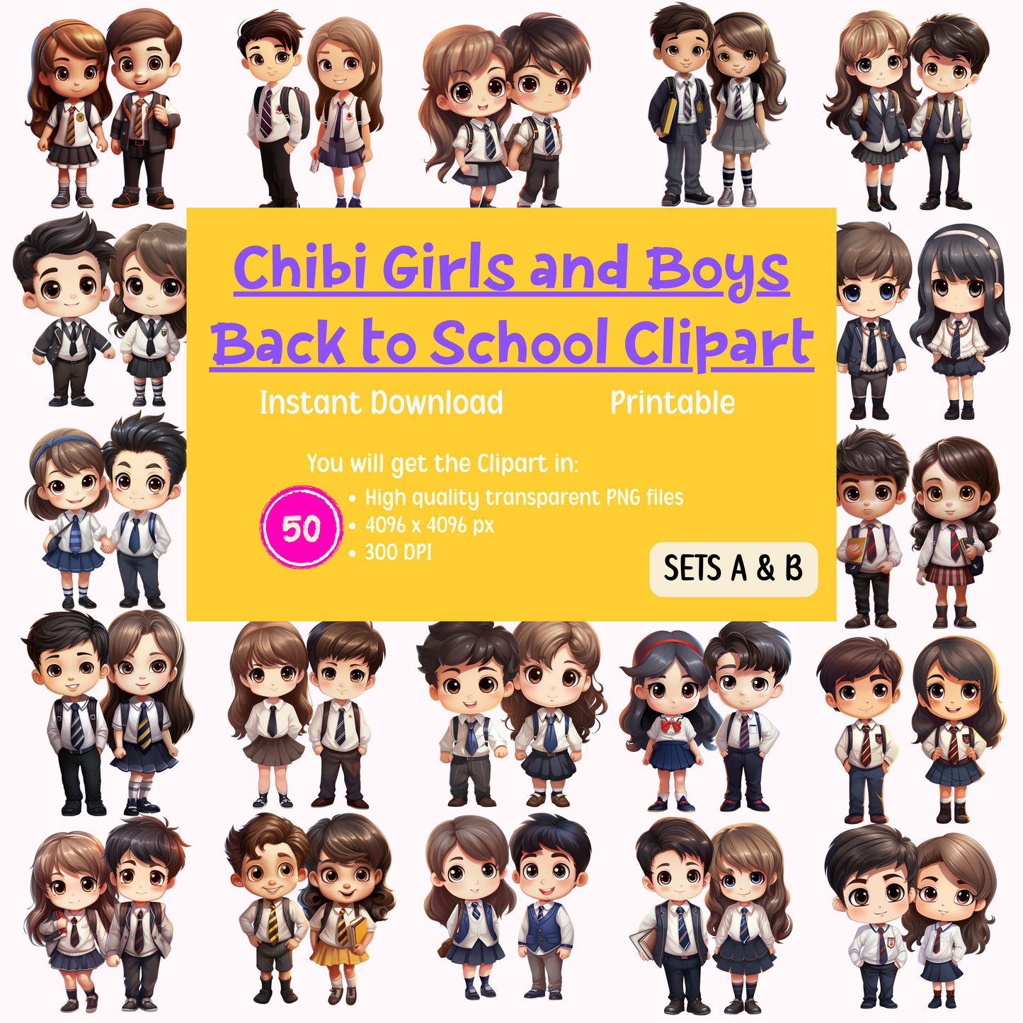 Chibi Girls and Boys Back to School Clipart - Sets A & B