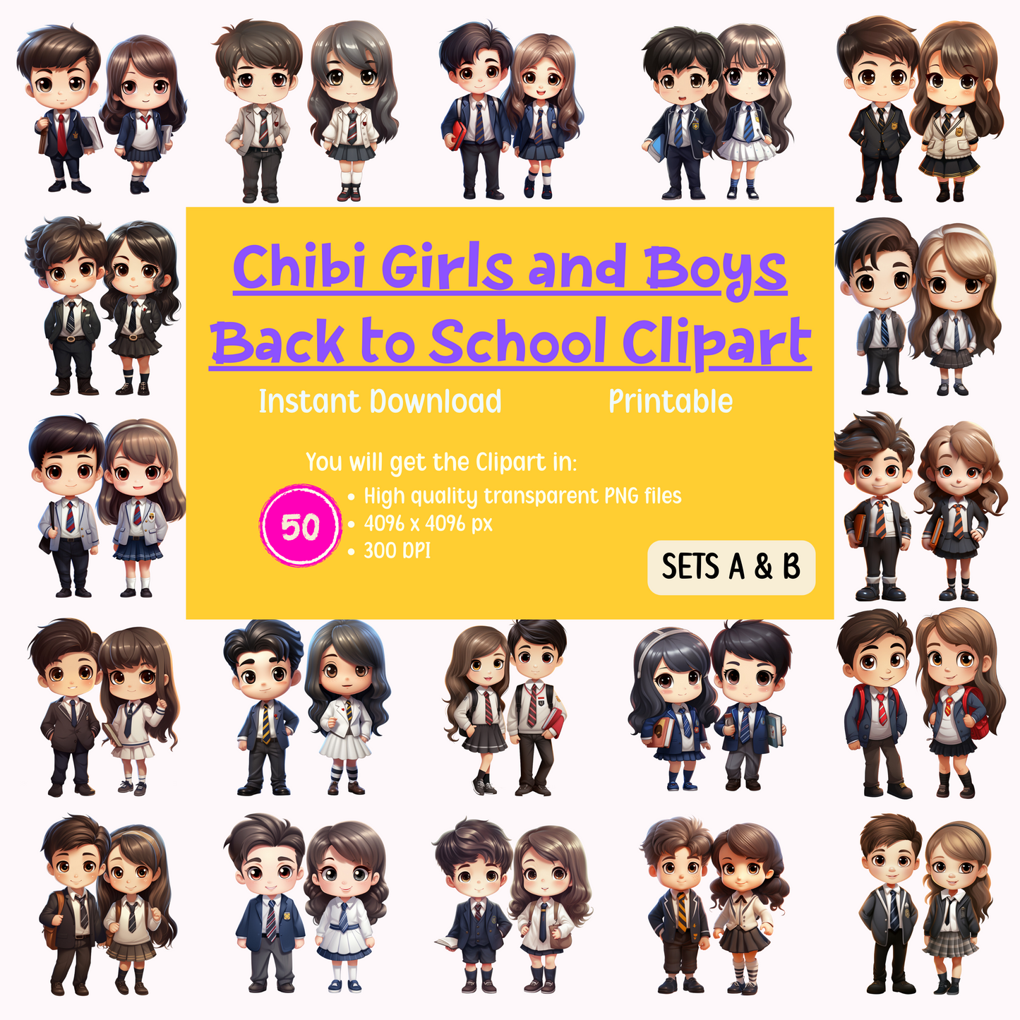 Chibi Girls and Boys Back to School Clipart - Sets A & B