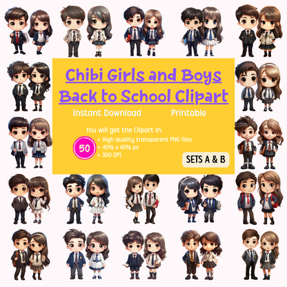 Chibi Girls and Boys Back to School Clipart - Sets A & B