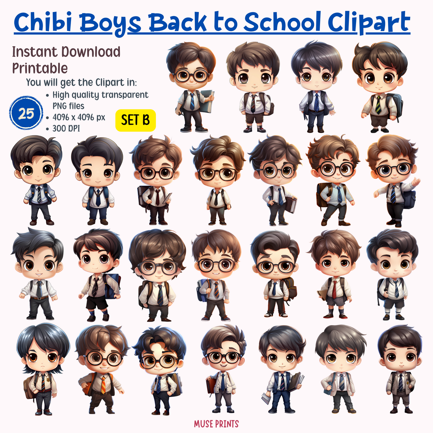 Chibi Boys Back to School Clipart - Set B