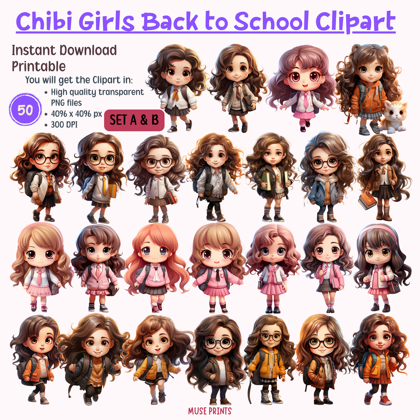 Chibi Girls Back to School Clipart Set A & B