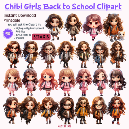 Chibi Girls Back to School Clipart Set A & B
