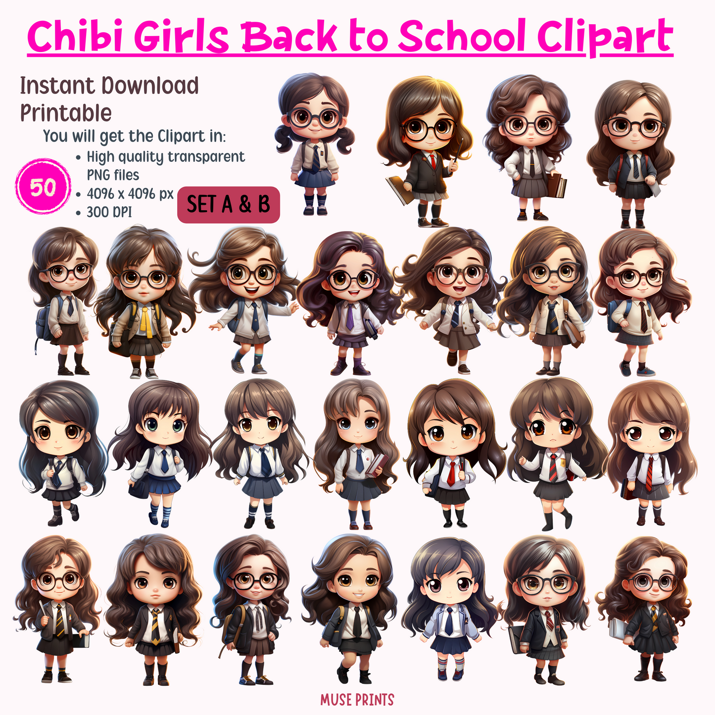 Chibi Girls Back to School Clipart Set A & B