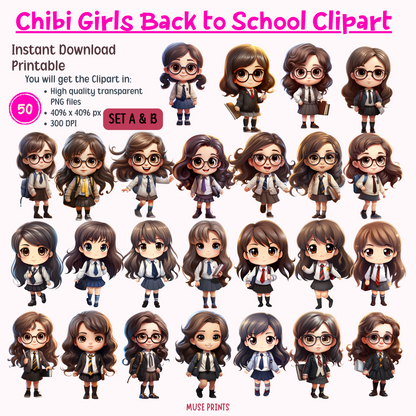 Chibi Girls Back to School Clipart Set A & B