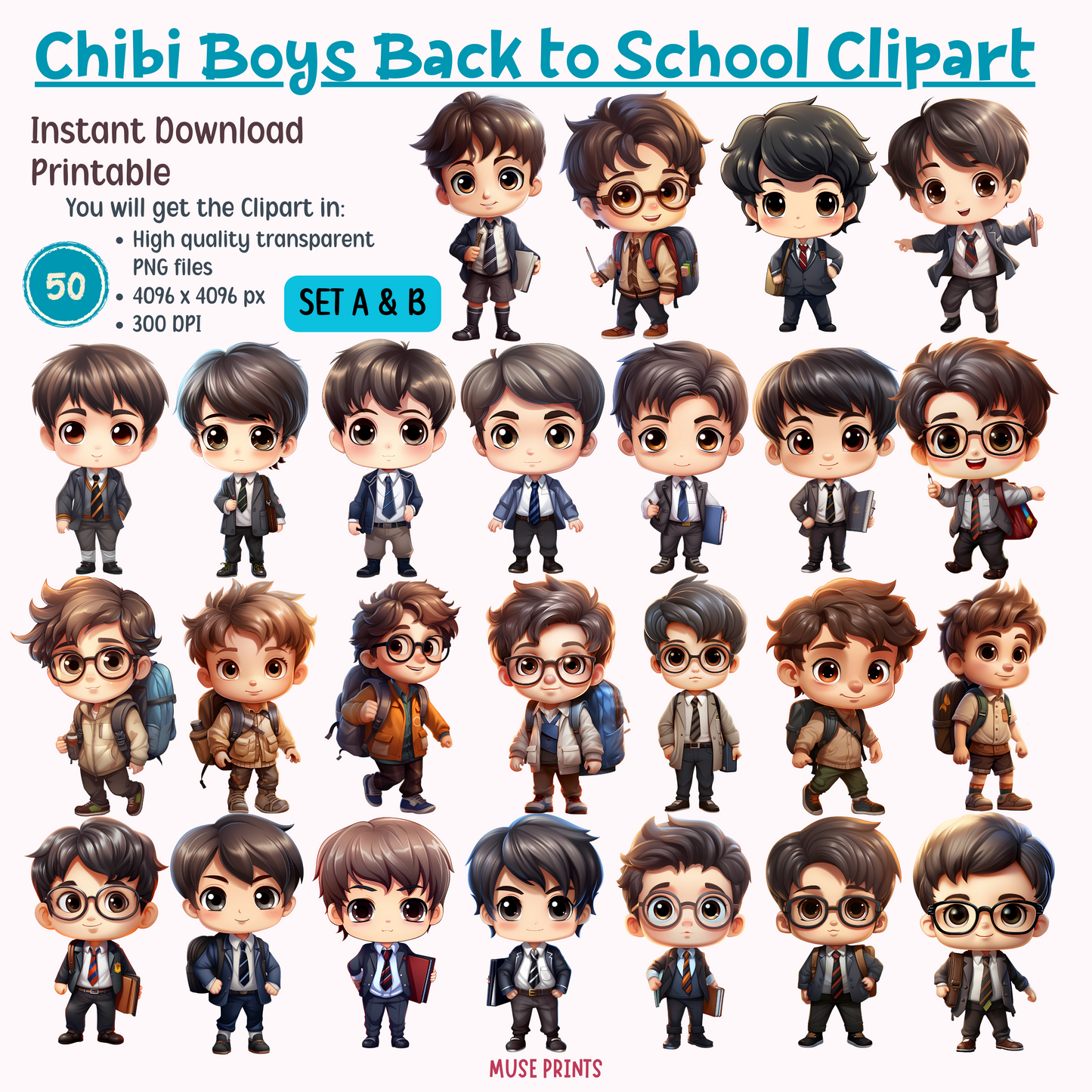 Chibi Boys Back to School Clipart Set A & B