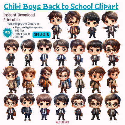 Chibi Boys Back to School Clipart Set A & B