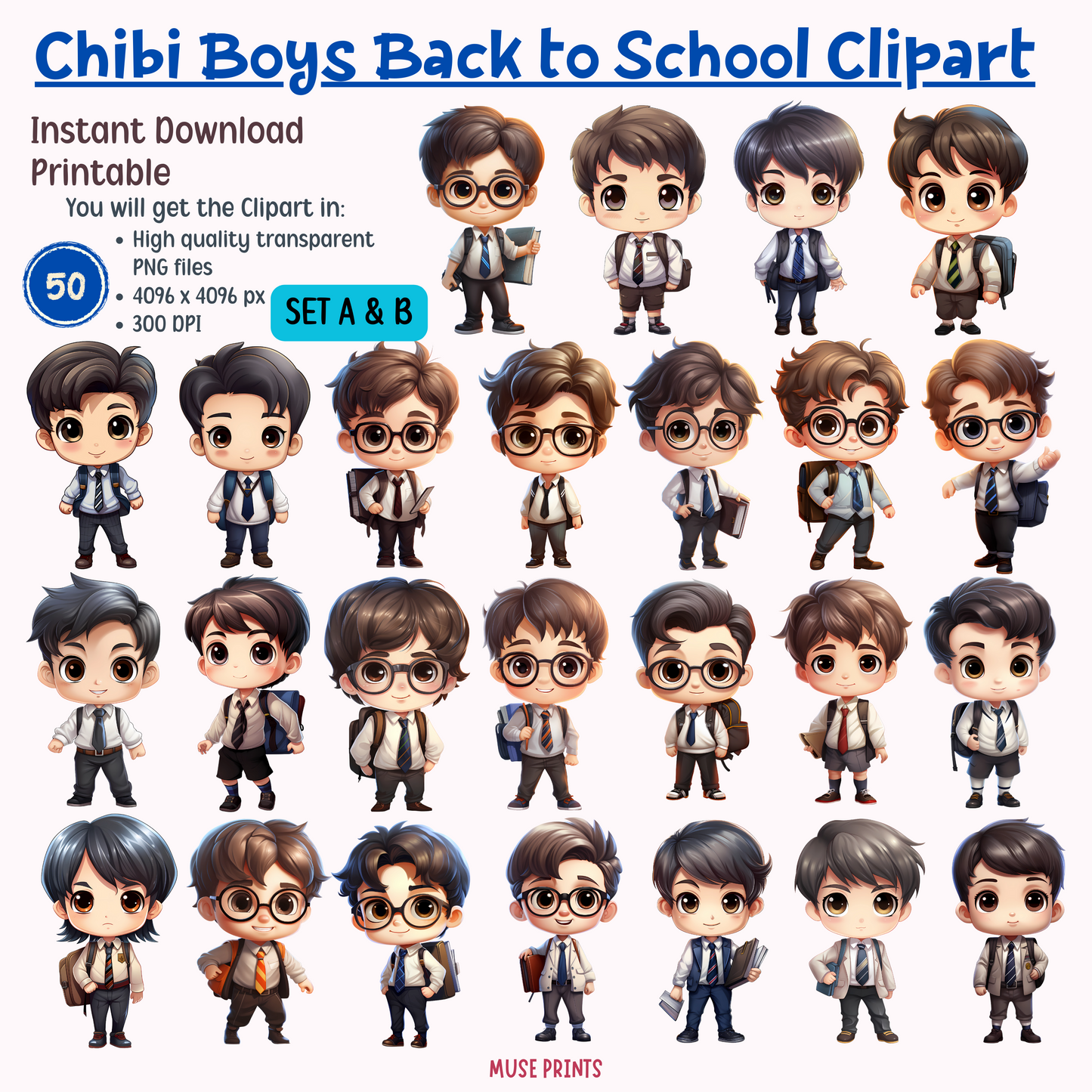 Chibi Boys Back to School Clipart Set A & B