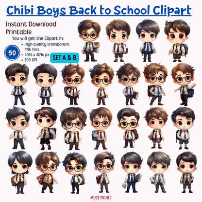 Chibi Boys Back to School Clipart Set A & B