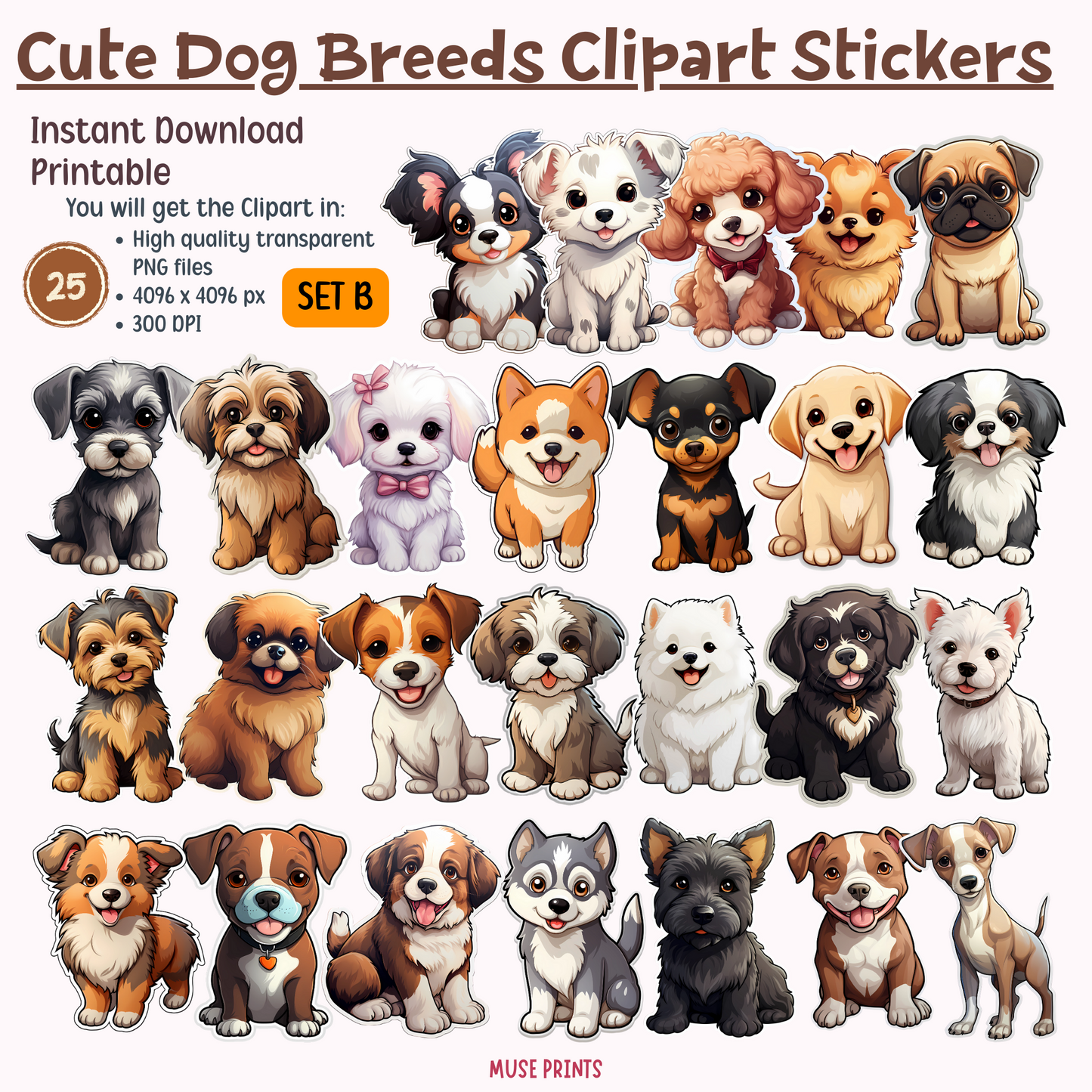 Charming Canines: Dog Breeds Clipart Stickers - Set B