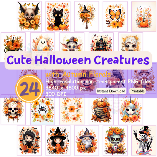 Cute Halloween Creatures with Autumn Florals