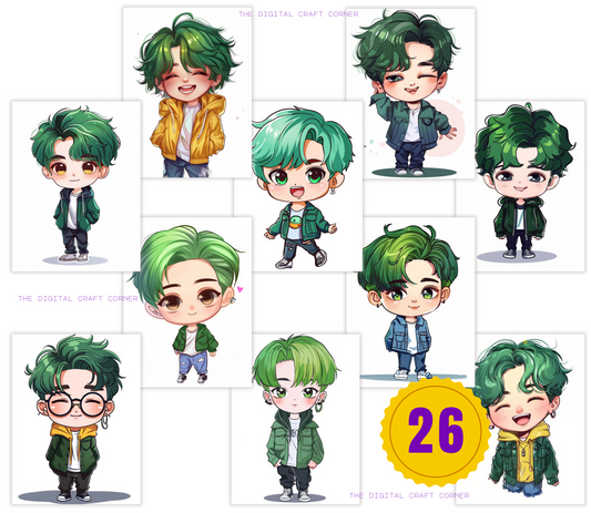 K-Pop Chibi Boys - Green Hair