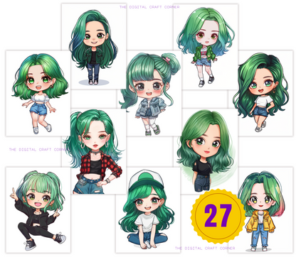 K-Pop Chibi Girls - Green Hair