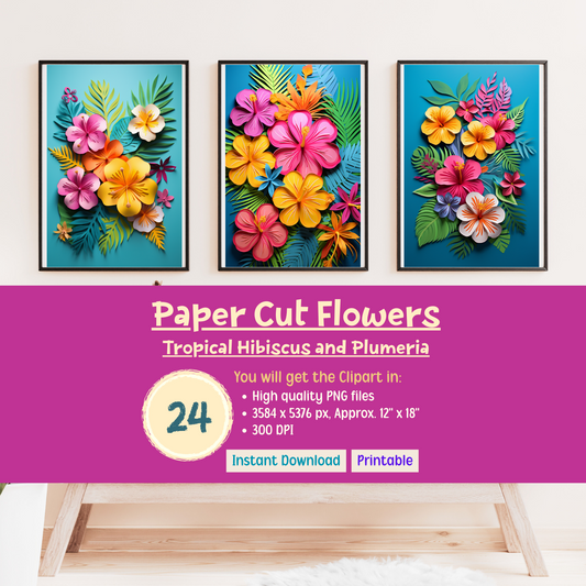 Printable 3D Art Paper Cut Flowers - Tropical Hibiscus and Plumeria