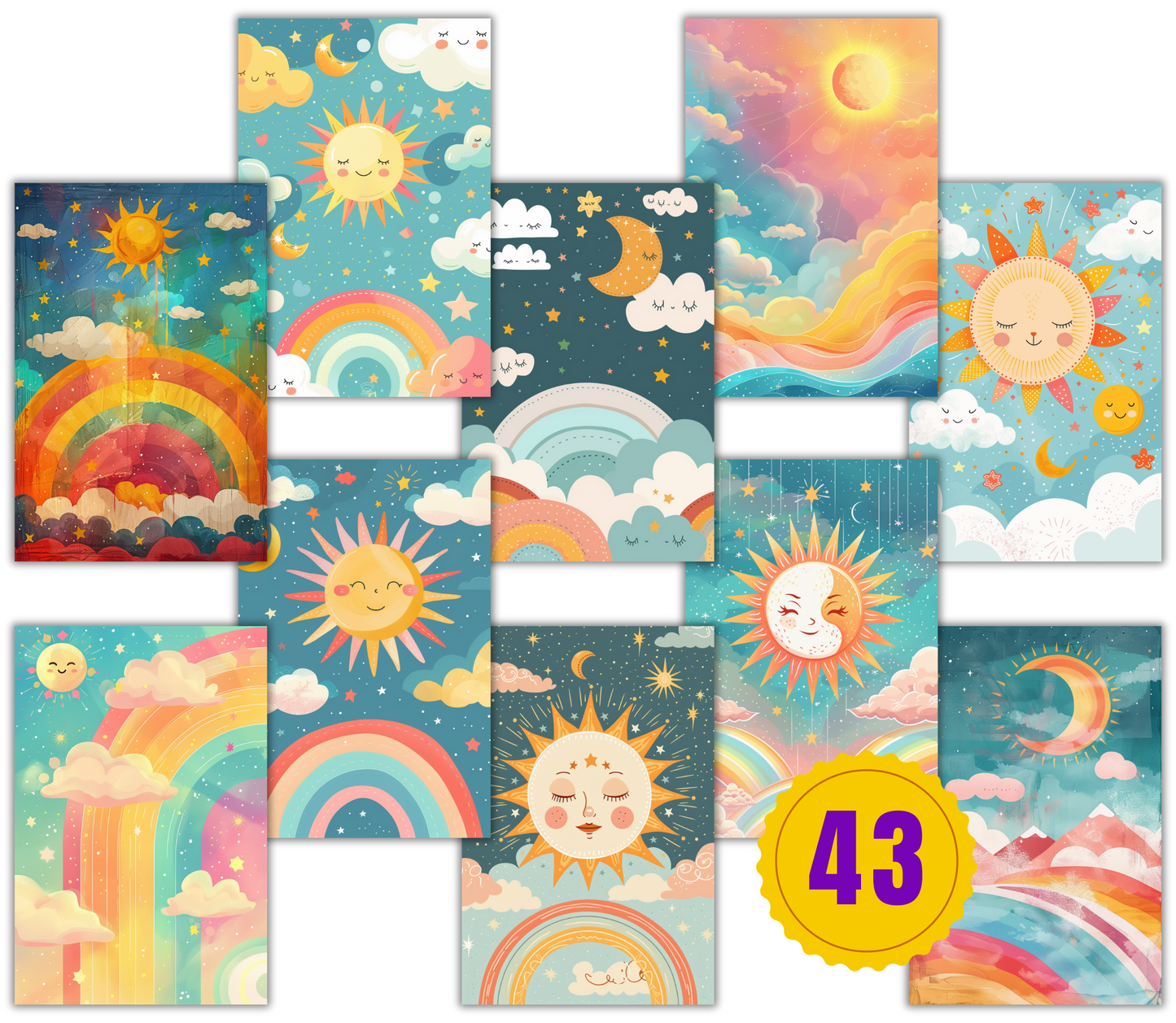 Pastel Rainbow Background with the Sun, Stars, and Clouds