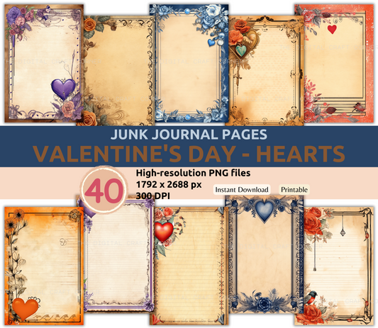 Junk Journal Pages - Valentine's Day Hearts