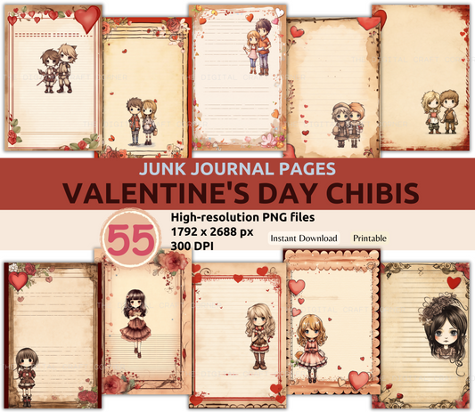 Junk Journal Pages - Valentine's Day Chibis
